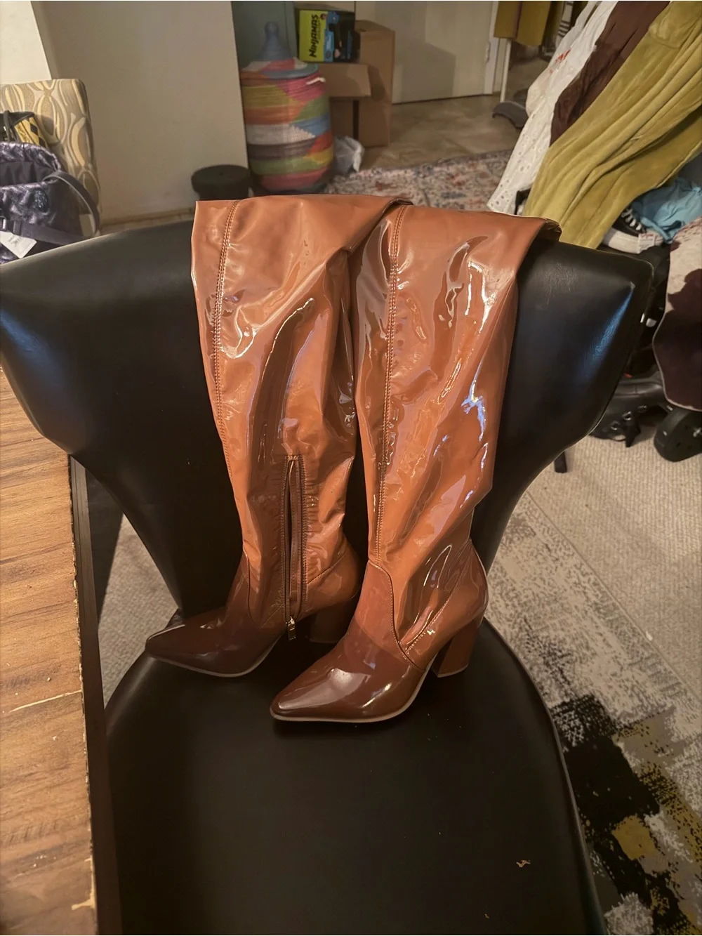 Jennifer Lopez Glossy Cognac Over-The-Knee Pointed Boots